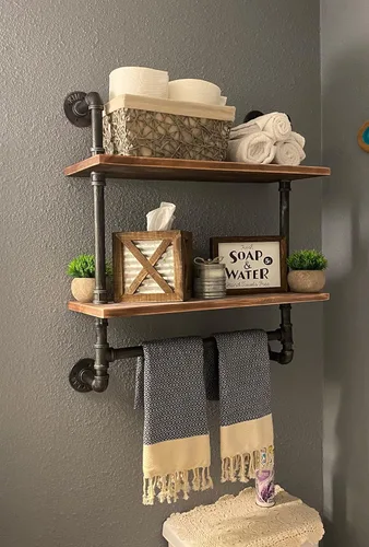 Miniatura 3 de Estante industrial de tubería para baño, estantes de pared montados en la pared, 2 niveles de 19.6 pulgadas de madera rústica, decoración flotante