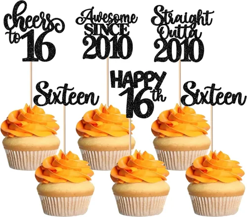 Miniatura 11 de Paquete de 30 adornos para cupcakes de 10º cumpleaños con purpurina recta hacia fuera de 2016, Happy 10th Ten Awesome Since 2016, 10 fabulosas
