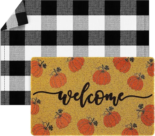 Fabbay 2 tapetes de calabaza de otoño para puerta de Acción de Gracias, otoño, bienvenida, al aire libre, felpudo de calabaza en capas, alfombra a