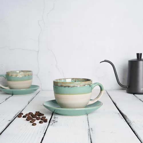 Miniatura 4 de Bosmarlin Juego de 2 Tazas de Capuchino de Cerámica con Platillo, 10 Oz, Tazas de Café para Café con Leche, Espresso, Té, Aptas para Lavavajillas