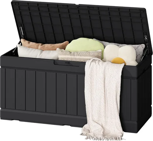 Miniatura 8 de Flamaker Caja de almacenamiento para exteriores de 80 galones, caja de resina impermeable para cubierta con textura de madera, caja de entrega