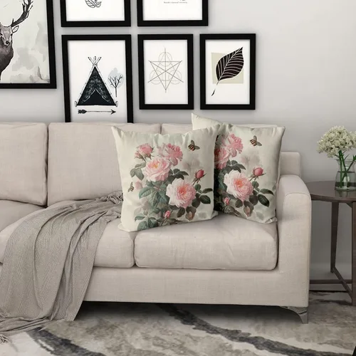 Miniatura 7 de Sweetshow Juego de 2 fundas de almohada con estampado floral de rosas rosadas de 18 x 18 pulgadas, diseño vintage de hojas y abejas, arte moderno