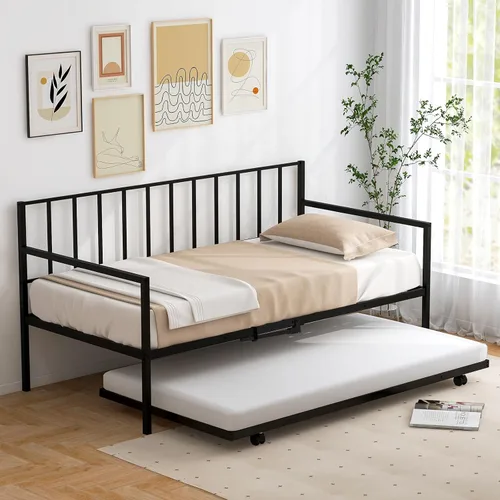 Miniatura 2 de Giantex Sofá cama individual con nido, sofá cama de metal tamaño individual con nido extraíble con 4 ruedas, sofá cama con soporte de listones