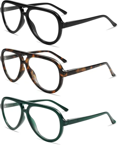 Miniatura 2 de AMOMOMA Paquete de 3 Gafas de Lectura Aviador Retro Extragrandes para Mujeres y Hombres, Marco Grande Clásico con Filtro de Luz Azul