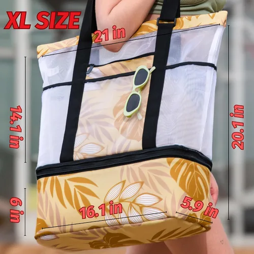 Miniatura 14 de L'OLGA Bolsa grande de malla con enfriador aislado desmontable, bolsa de fin de semana de playa