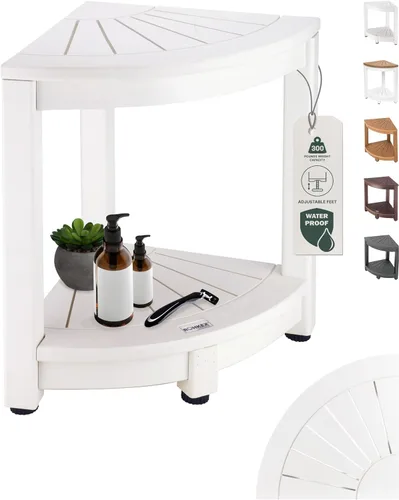 Miniatura 11 de ROHKEX Taburete de ducha esquinero impermeable, paquete de 1, blanco y marrón, taburete de afeitar estable para piernas, asiento de banco de ducha