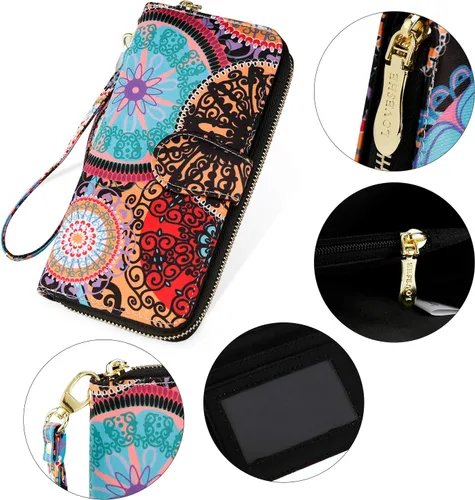 Miniatura 5 de Cartera de mano para mujer, estilo bohemio, con RFID, elegante, espaciosa con correa para viajes, capacidad para tarjetas, teléfono, dinero