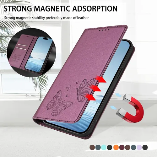 Miniatura 9 de Butterfly Embossed Leather Wallet Flip Case for Motorola Moto E22 4G, Magnetic Closure, RFID Blocking Cover, Card Holder Purple.
