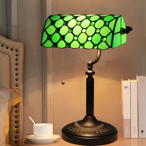 Miniatura 9 de Green Bankers - Lámpara de mesa vintage, luz de escritorio retro, lámpara de escritorio de oficina de vidrieras Tiffany, lámpara de cuentas