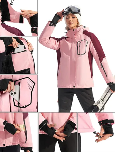 Miniatura 5 de Ewedoos Chaquetas de esquí de nieve para mujer con capucha desmontable, resistente al viento, chaqueta de snowboard de invierno para mujer