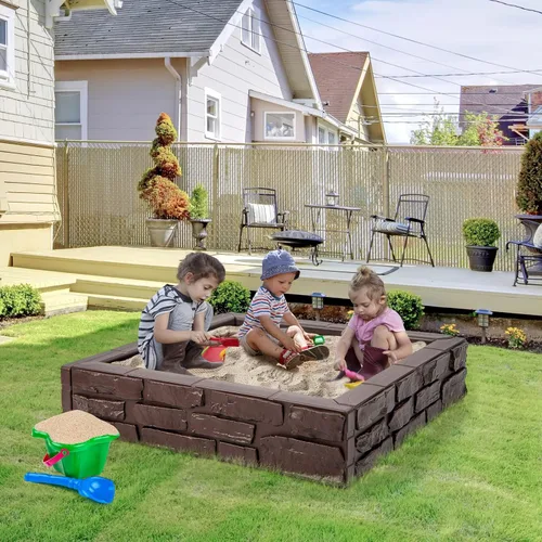 Miniatura 8 de Costzon Caja de arena para niños con cubierta, caja de arena de polietileno de alta densidad de 47 x 47 pulgadas con cubierta Oxford, forro Óxido