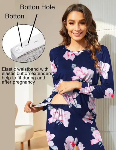 Miniatura 2 de Ekouaer Conjunto de ropa interior térmica de maternidad y lactancia, conjunto de pantalones largos de punto a rayas, capa base superior e inferior