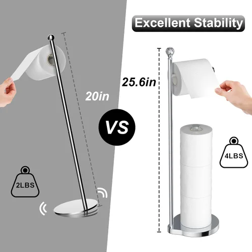 Miniatura 4 de Kasunto Soporte de papel higiénico para baño, almacenamiento de papel higiénico de metal con peso pesado y soporte libre de pie con bola de cristal