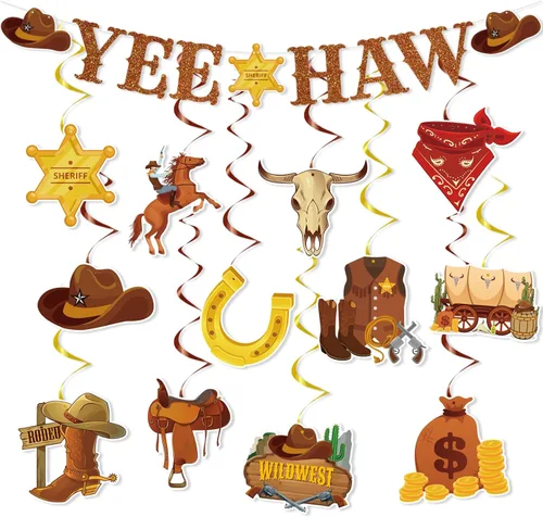 Decoraciones de fiesta de cumpleaños del salvaje oeste, 29 piezas de decoraciones de fiesta de vaquero occidental de Yee Haw, remolinos colgantes,