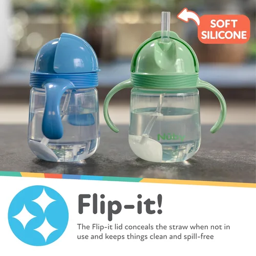 Miniatura 2 de Nuby No-Spill Clik-it - Vaso de silicona para niños pequeños (paquete de 2) de 8 onzas, vaso para sorber con pajilla con peso 360 para niños de 1