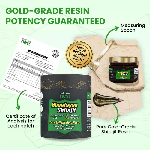Miniatura 5 de Wellness Nest Resina de Shilajit Puro del Himalaya de Grado Oro: Potencia Máxima para Hombres y Mujeres - Oro 24k, Ácido Fúlvico +75%, Informe