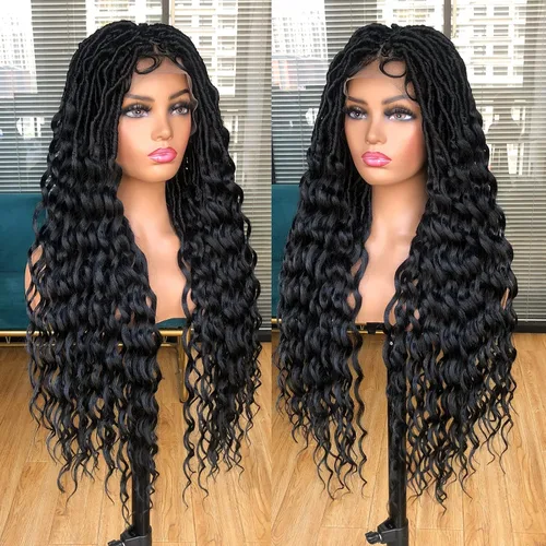 Miniatura 3 de Pelucas trenzadas de encaje completo negro para mujeres negras, pelucas de ganchillo de imitación de diosa con cabello de bebé, suave sin nudos