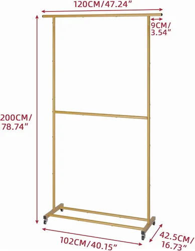 Miniatura 4 de Sywhitta Estante de ropa de doble barra, organizador de ropa con ruedas para colgar ropa, fácil de montar, ajustable, dorado