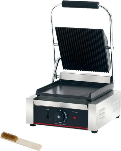 Prensa comercial Panini con parrilla ranurada, máquina para hacer sándwiches, parrilla de contacto eléctrica individual (parte superior ranurada y