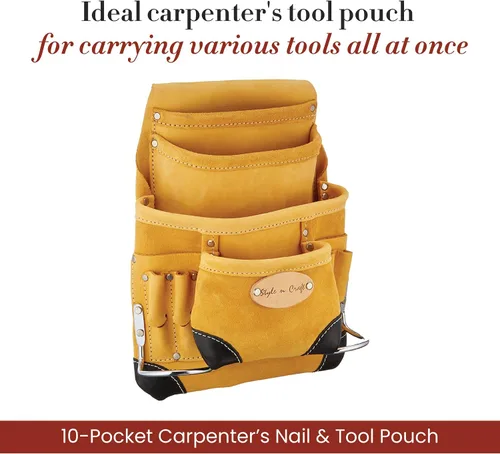 Miniatura 2 de Style n Craft Bolsa de herramientas y uñas de carpintero de 10 bolsillos, bolsa de herramientas de cuero resistente, bolsa de cuero de grano Amarillo
