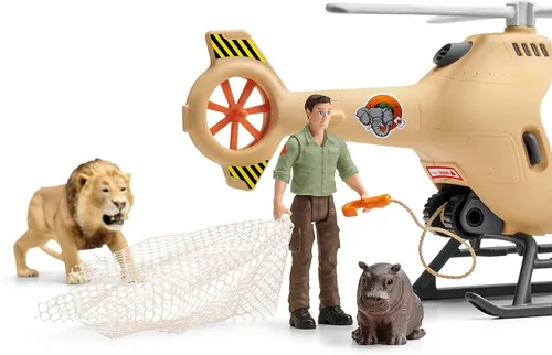 Miniatura 5 de Schleich Wild Life - Juego de helicóptero de rescate de animales de 8 piezas con figuras de león e hipopótamo, altamente detallado, duradero