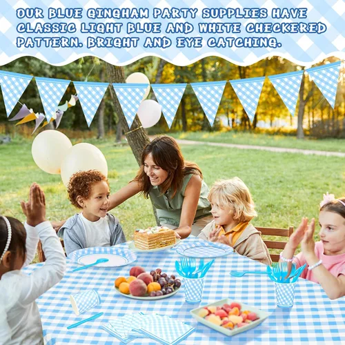 Miniatura 5 de Preboun 198 piezas de suministros de fiesta a cuadros para 24 invitados, mantel a cuadros, banderín, placa, servilleta y cubiertos para picnic, Azul