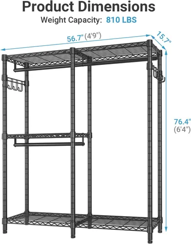Miniatura 5 de VIPEK V4 - Perchero resistente para colgar ropa, capacidad de carga de 810 libras, perchero de doble barra con estantes ajustables y ganchos Negro