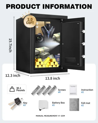 Miniatura 8 de Caja de seguridad grande para el hogar – Armario resistente de 3.0 pies cúbicos con luz de movimiento y alarma doble, teclado digital y llave