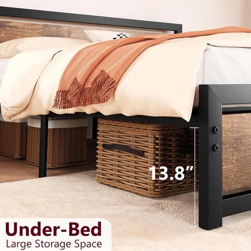 Miniatura 4 de Amyove Base de cama tamaño King con cabecera y estribo de madera, plataforma de cama King de metal, no necesita somier, 14 pulgadas, fácil