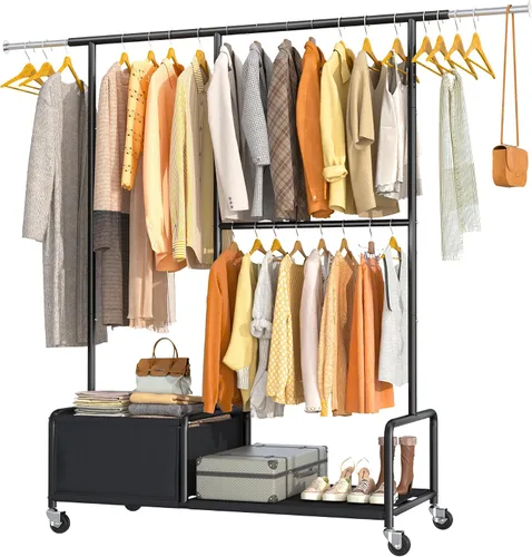 Raybee Percheros para colgar ropa, perchero ajustable con ruedas bloqueables, estantes de almacenamiento, estante multifuncional para dormitorio,