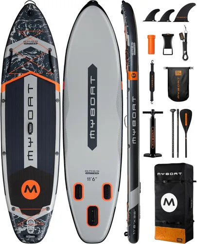 Miniatura 13 de MYBOAT Tabla de remo inflable extra ancha de 11 pies y 6 pulgadas x 34 pulgadas x 6 pulgadas, tabla de remo de pie para pesca, tabla de sup con 3