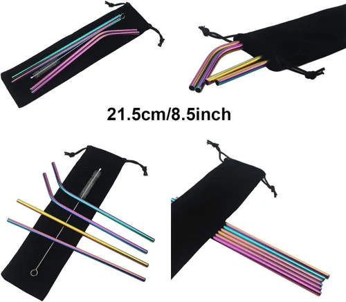 Miniatura 6 de Pajitas de metal de acero inoxidable de 8.5 pulgadas, juego de 4 popotes reutilizables – Cepillo de limpieza de color ultra largo para 20/30 onzas