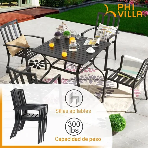 Miniatura 4 de PHI VILLA Juego de 2 sillas apilables de hierro forjado para patio, sillas de metal portátiles negras para exteriores, soporta 300 libras, ideal