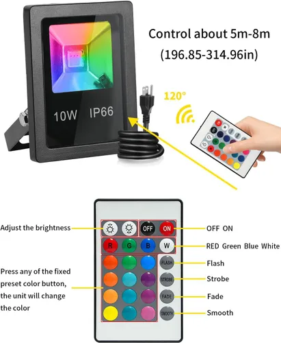 Miniatura 6 de T-SUN Luz de inundación LED, luces de seguridad impermeables RGB de 10 W, con enchufe de EE. UU., control remoto súper brillante, foco