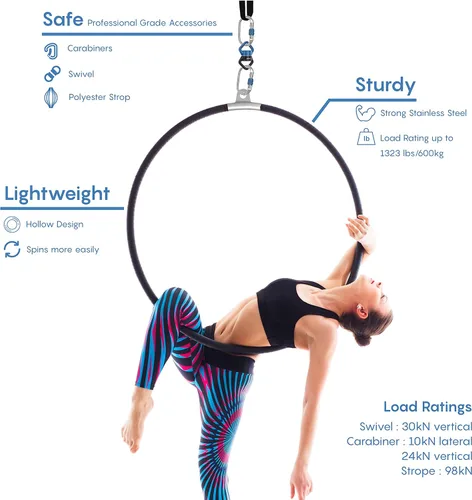 Miniatura 3 de Aerial Hoop 90cm/95cm Single Point Lyra Hoop Set, Includes Storage Bag, Carabiners, Swivel, Strop, and Tape for Beginners, Home Practice, and Circus