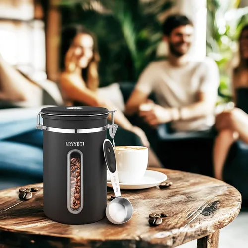 Miniatura 7 de Recipientes de café con ventana, cuchara y tapa hermética de acero inoxidable para almacenamiento de granos de café en la cocina (22 oz/negro)