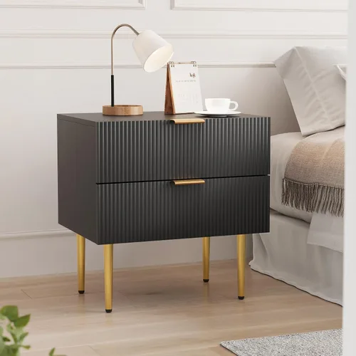 Miniatura 4 de Mesita de noche, mesita de noche negra y dorada con panel estriado, mesa de cabecera con 2 cajones, mesita de noche moderna grande de mediados