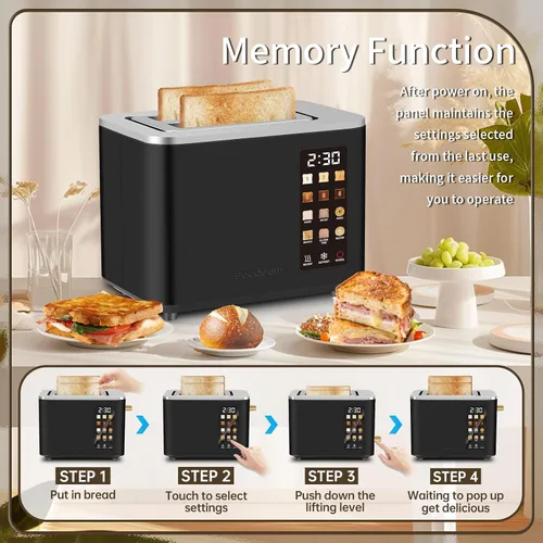 Miniatura 6 de SEEDEEM Tostadora de 2 rebanadas, pantalla de control táctil, tostadora inteligente de acero inoxidable, 6 configuraciones de tostado, selección
