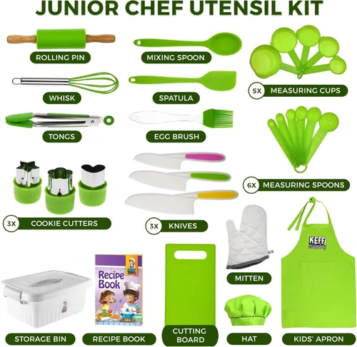 Miniatura 2 de KEFF Juego de cocina para niños para cocinar y hornear con libro de recetas, juego de cuchillos para niños para cocinar realmente, herramientas