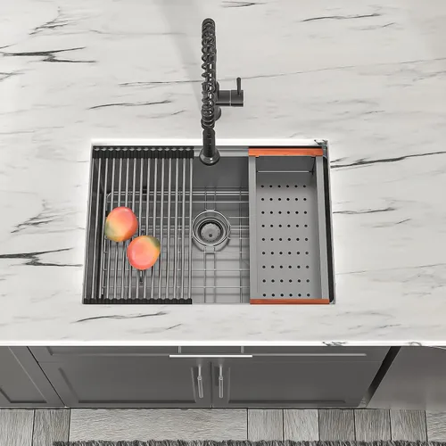 Miniatura 9 de Dcolora 27" Fregadero de cocina negro de gunmetal con estación de trabajo de acero inoxidable de calibre 16 para instalación empotrada - tazón Negro