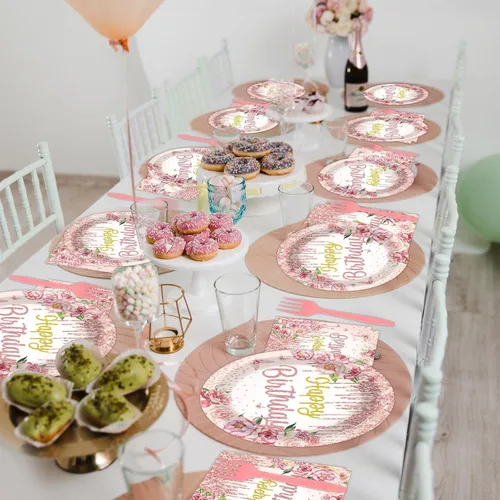 Miniatura 5 de 96 piezas de suministros de fiesta de cumpleaños florales de cumpleaños, platos de papel, servilletas, flores de oro rosa, decoraciones de fiesta