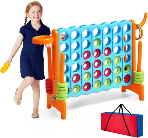 Miniatura 11 de HONEY JOY Juego gigante gigante de 4 a puntuación, 3 en 1 para interiores y exteriores, juego de patio familiar con aro de baloncesto y lanzamiento