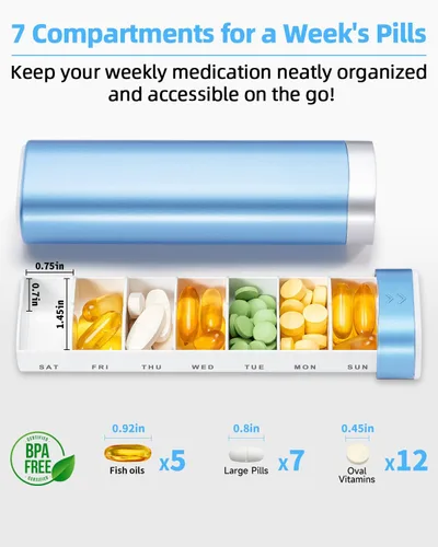 Miniatura 3 de Betife Pastillero de viaje semanal de 7 días, pastillero diario compacto, estuche portátil para medicamentos, lindo pastillero para suplementos