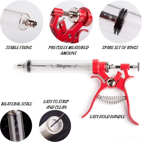 Miniatura 6 de Inyector de Carne Pistola de Marinado de Acero Inoxidable Kit Exterior Jeringas de Alimentos con Sabor y 4 Agujas de Marinados para Parrilla BBQ Rojo