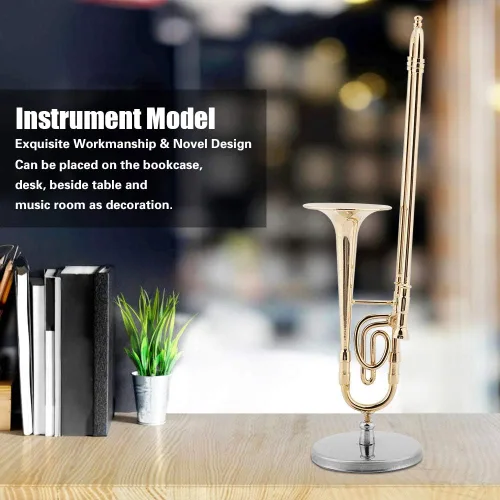 Miniatura 4 de Trombon Miniatura Trombón Ornamento Trombón Instrumento Musical Miniatura Modelo Trombón Con Supoort Y Estuche Para Casa De Muñecas Decoración De