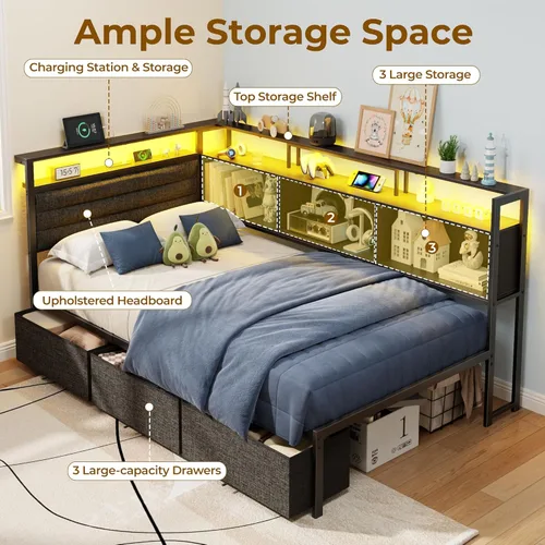 Miniatura 6 de OURPIC Marco de cama esquinero con estantería de almacenamiento y luces LED, marcos de cama de tamaño individual con cabecera tapizada y estación