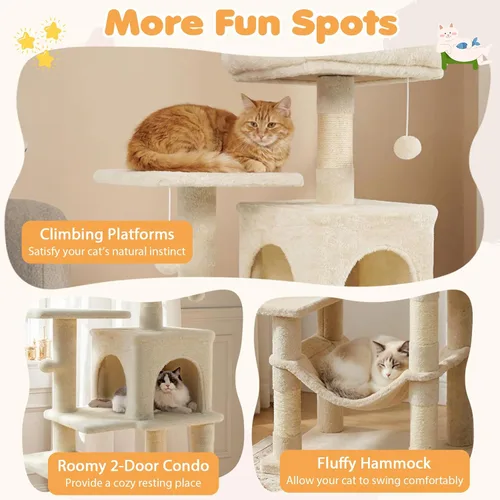 Miniatura 5 de Tangkula Torre de árbol para gatos, torre para gatos de varios niveles de 44 pulgadas con postes rascadores de sisal, condominio de 2 puertas