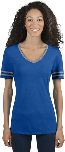 Jerzees Camiseta de manga corta con cuello en V para mujer, color azul verdoso jaspeadoOxford, XXL, Tru Blu Hth Oxf