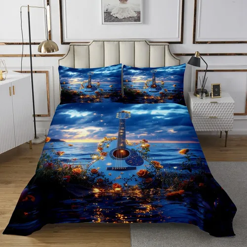 Miniatura 15 de Homewish Colcha de guitarra roja tamaño individual, juego de ropa de cama de música Hip Pop para decoración de habitación de niños y niñas, juego