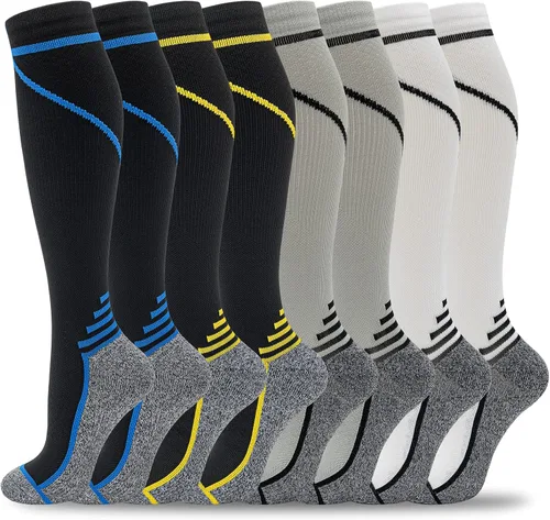 fenglaoda 8 pares de calcetines de compresión para hombres y mujeres de 20 a 30 mmHg hasta la rodilla, enfermera, embarazada, correr, médico y de